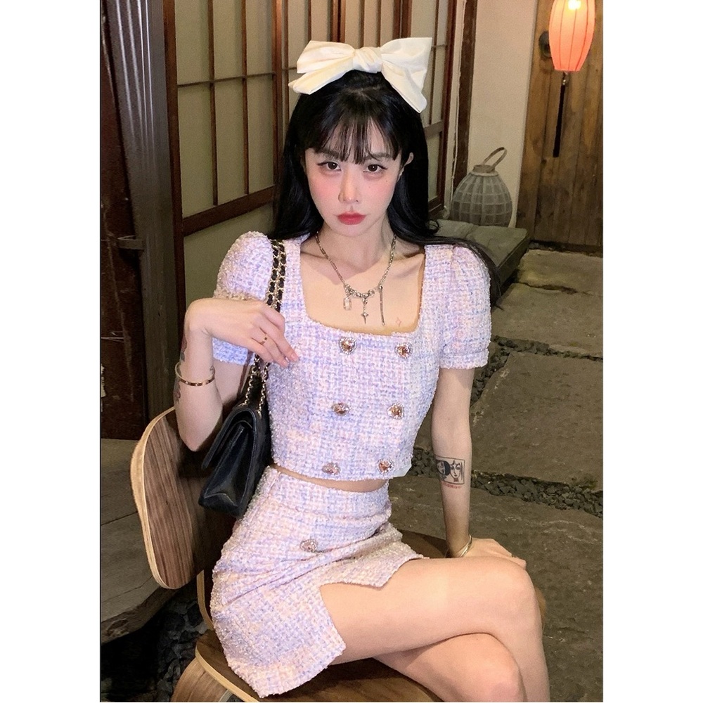Chic Lavender Tweed Crop Top - Double-Breasted
